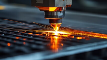 Poster - A glowing CNC laser beam cutting through carbon steel with precision and efficiency.