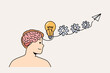 © Dzianis Vasilyeu - Man with developed intelligence demonstrates ability to generate idea and bring them to life. Light bulb turns into gear and plane, symbolizing creation of startup from idea in guy head