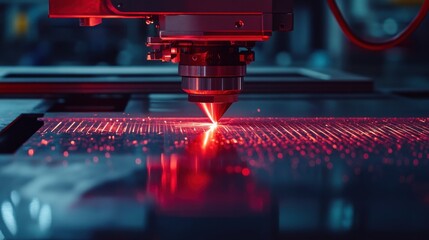 Poster - A glowing CNC laser head cutting sharp edges into a polished aluminum plate.