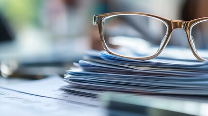 Poster - Close Up of Glasses Resting on a Stack of Papers in an Office Setting Indicating Hard Work and Focus : Generative AI
