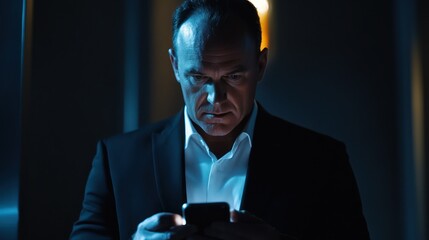 Businessman in Blue Light, Checking His Smartphone