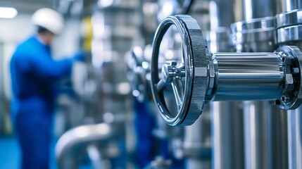 Leinwandbilder - Industrial scene showcasing a valve with a technician working in the background : Generative AI