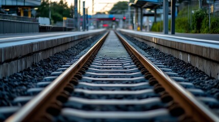 Aufkleber - Close Up View of Train Tracks at Sunrise with Soft Lighting and Pebbles : Generative AI