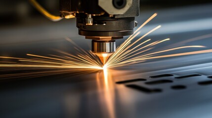 Poster - A high-tech CNC laser cutter shaping an aluminum panel in an advanced manufacturing facility.