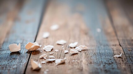 Poster - Scattered pieces of white shell on a rustic wooden surface creating an artistic composition : Generative AI