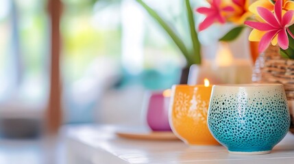 Aufkleber - Vibrant Candles and Tropical Flowers Creating a Relaxing Ambiance : Generative AI