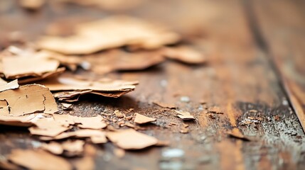 Poster - Fine detail of wooden floor covered with layers of natural wood shavings and flakes : Generative AI