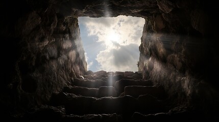 Aufkleber - Dramatic view looking up from inside a stone cave towards the bright sky with beams of light shining through : Generative AI