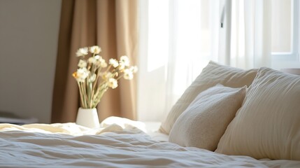 Poster - Cozy and inviting bedroom scene filled with soft pillows warm sunlight and a beautiful flower arrangement : Generative AI