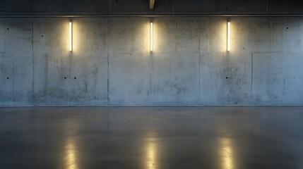Poster - Modern industrial concrete wall with bright lights illuminating an empty spacious interior in a minimalist setting : Generative AI