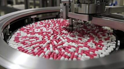 Poster - A next-gen pharmaceutical production plant with red and white capsules being packaged automatically.