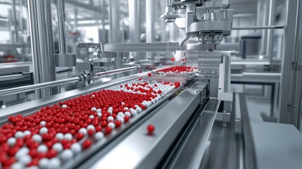 Poster - A next-gen pharmaceutical production plant with red and white capsules being packaged automatically.