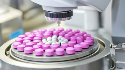 Poster - A pharmaceutical factory's quality control process with a scanner detecting capsule defects.