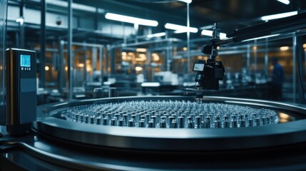 Poster - A pharmaceutical factory's quality control process with a scanner detecting capsule defects.