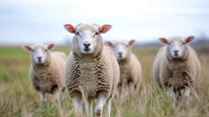 Poster - Curious Sheep Group Grazing Calmly in a Lush Green Pasture Field : Generative AI