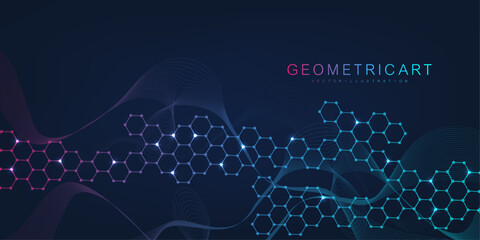 Poster - modern health care abstract background with lines, dots and hexagons. medical innovation banner temp