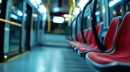 Aufkleber - Modern city public transportation interior with empty bright red seats and view down the aisle : Generative AI