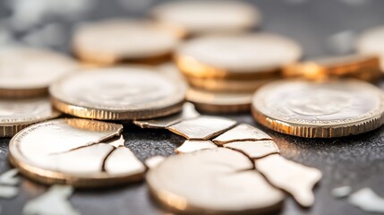 Poster - Broken coins scattered on a surface reflecting light creating an abstract financial theme : Generative AI