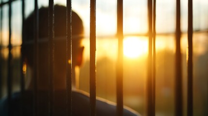 Poster - Silhouette of a person looking through bars at a warm sunset creating a contemplative mood : Generative AI