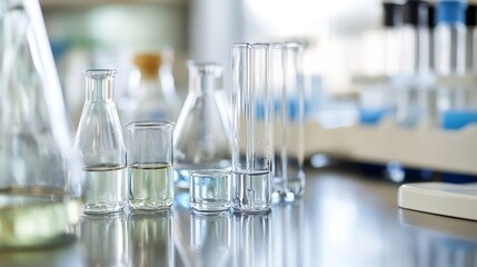 Poster - Set of laboratory glassware filled with clear liquids and solutions reflecting a modern scientific workspace : Generative AI