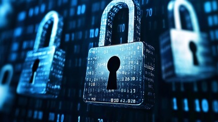 Poster - Security concept illustrated with digital padlocks surrounded by binary code in a hightech space : Generative AI