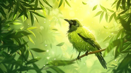Aufkleber - A vibrant green bird perched on a branch amidst lush foliage, illuminated by soft light.