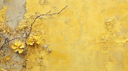 Wall Mural - Yellow textured wall with dried flowers decor, rustic yellow background, aged paint and floral detail, vintage wall art