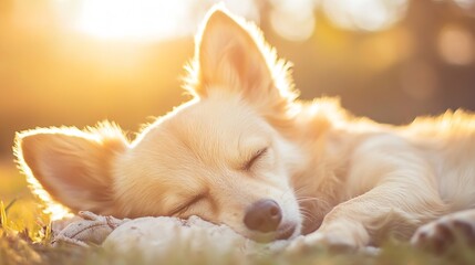 Poster - Sleepy dog resting peacefully in warm sunlight creating a serene outdoor atmosphere : Generative AI