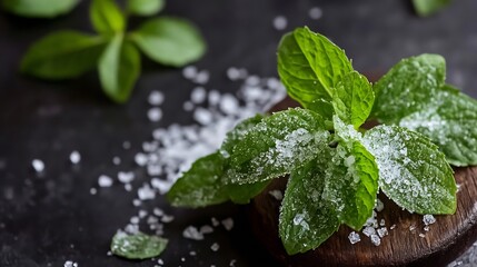 Poster - Fresh mint leaves sprinkled with sugar on a wooden platter reflecting elegance and simplicity in nature : Generative AI