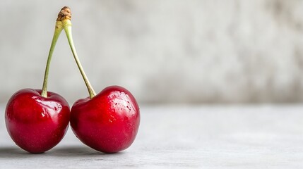 Poster - Two Bright Red Cherries Posed Together on a Subtle Gray Surface Spotlighting Freshness : Generative AI