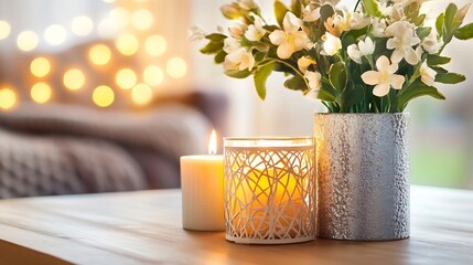 Aufkleber - Beautiful floral arrangement with candles in a cozy setting creating a warm ambiance : Generative AI