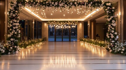 Poster - A beautifully decorated entrance of an elegant venue showcasing floral arrangements and soft lighting : Generative AI