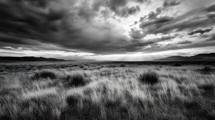 Poster - Dramatic black and white image of vast grassy fields under a moody sky filled with clouds and atmospheric light : Generative AI