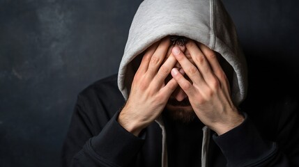 Poster - Distressed man in a hoodie holding his head in despair against a dark background : Generative AI