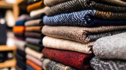 Poster - Colorful stack of cozy sweaters displayed neatly in a retail shop exuding warmth and comfort : Generative AI