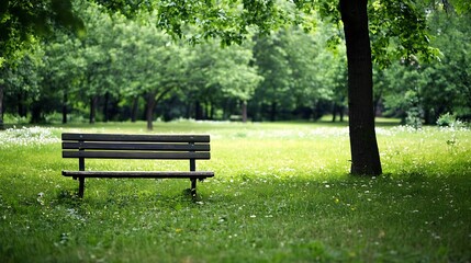 Aufkleber - Peaceful park scene with a solitary wooden bench surrounded by lush green grass and trees : Generative AI