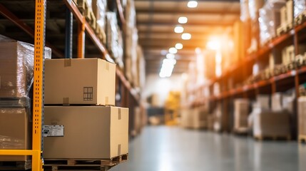 Leinwandbilder - A warehouse interior lined with cardboard boxes on pallets illuminated by warm light from above : Generative AI