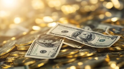 Poster - Piles of cash featuring dollar bills and golden coins symbolizing wealth and prosperity : Generative AI