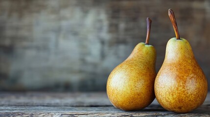 Poster - Two ripe golden pears standing together on a rustic wooden surface ready for picking and enjoying : Generative AI