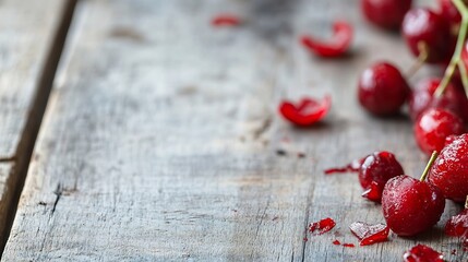 Aufkleber - Freshly picked red cherries scattered on rustic wooden table creating a natural and vibrant setting : Generative AI