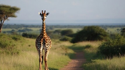 Poster - Majestic Giraffe Standing Gracefully on a Scenic Pathway in the African Wilderness : Generative AI