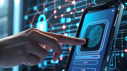 Poster - Fingerprint scanning on smartphone for secure login in digital environment with technology interface