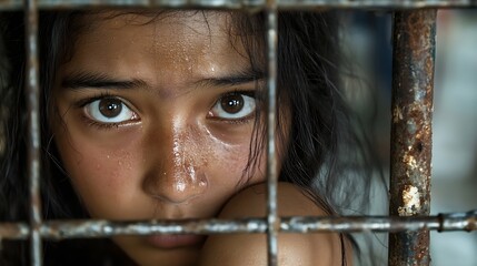 Aufkleber - Child gazing through rusty bars with wet face reflecting sadness and concern in a poignant moment : Generative AI