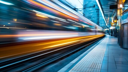 Aufkleber - Dynamic Motion Blur of a Train Departing a City Station with Vibrant Lights : Generative AI