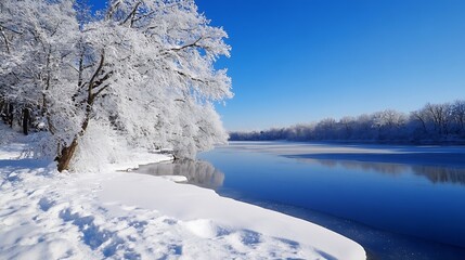 Aufkleber - Stunning Winter Landscape with Snow Covered Trees and a Serene Frozen River Under Clear Blue Sky : Generative AI