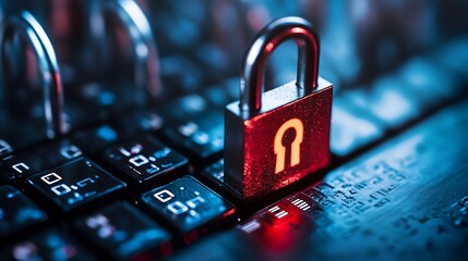 Leinwandbilder - Close up view of a shiny padlock on a black keyboard representing online security and protection : Generative AI
