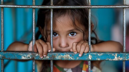 Aufkleber - A Young Girl Gazes Through Rusty Bars in a Dimly Lit Environment : Generative AI