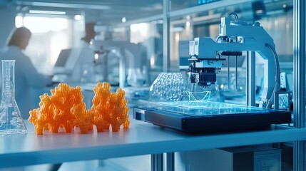 Poster - A scene inside a laboratory with a 3D printer being used to create scientific equipment and devices.