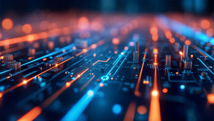 Aufkleber - An abstract digital circuit board with vibrant lines and patterns evokes a futuristic technological vibe. Close-up illustration with depth of field lens effects.