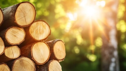 Aufkleber - Stack of cut timber logs glowing in the sunlight with a beautiful green forest background : Generative AI